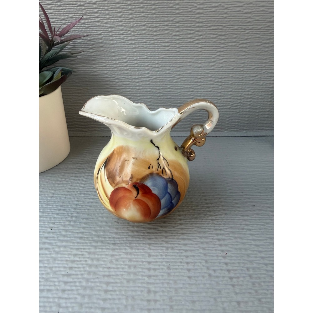 Vintage Hand Painted Fruit Porcelain Mini Pitcher‎ Gold Trim Creamer